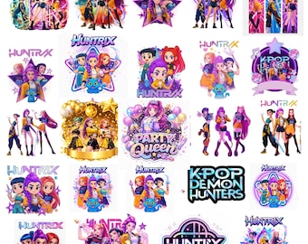Más de 70 paquetes PNG SVG de cazadores de demonios del Kpop / Diseño de camiseta de cumpleaños de Huntrix / Saja Boys, fans de Huntrix, descarga digital de adorno para tarta de grupo ídolo