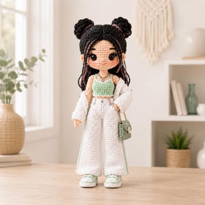 K-Pop Crochet Doll Pattern PDF, Fashion Amigurumi Girl with Double Buns, Mint Top & White Outfit, Instant Download, DIY Crochet Doll Pattern