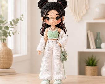 K-Pop Crochet Doll Pattern PDF, Fashion Amigurumi Girl with Double Buns, Mint Top & White Outfit, Instant Download, DIY Crochet Doll Pattern