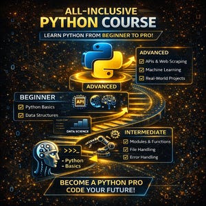May include: An advertisement for a Python programming course, featuring the Python logo in blue and yellow. The graphic details course levels from beginner to advanced, covering topics such as Python basics, data structures, APIs, and machine learning.