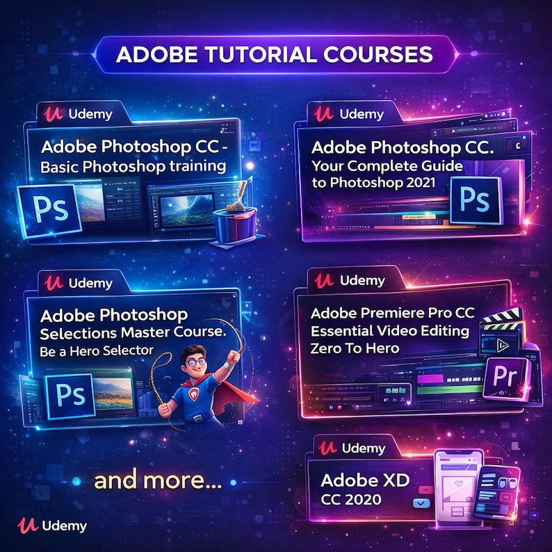 May include: A digital graphic promoting Adobe tutorial courses on a dark blue background. The image features course titles like "Adobe Photoshop CC" and "Adobe Premiere Pro CC" with the Udemy logo. The text "and more..." is also included.