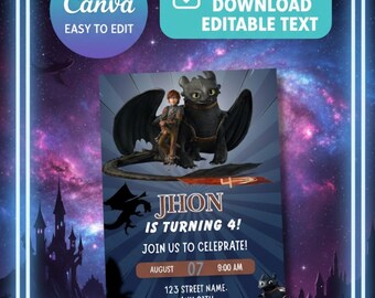 Invitación de cumpleaños de dragón / Invitación editable para fiesta en castillo (Plantilla de Canvas)