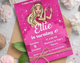 Invitación de cumpleaños de muñeca de moda editable / Invitación de cumpleaños de muñeca de moda / Fiesta con purpurina rosa / Descarga instantánea / Plantilla Canva