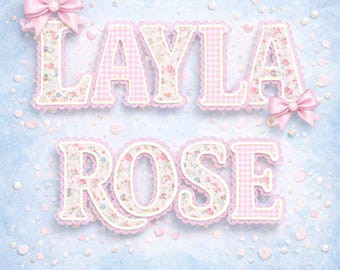 Alfabeto con ribete de encaje Grandmillennial, diseño floral elegante, lazo coqueto, rosa caprichoso, monograma de letras alfa, clipart, descarga digital