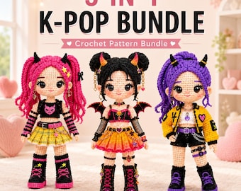 K-Pop Crochet Doll Pattern Bundle, 3 Amigurumi Girl PDFs, Punk Demon & Streetwear Dolls, Detailed Instant Digital Download Tutorial
