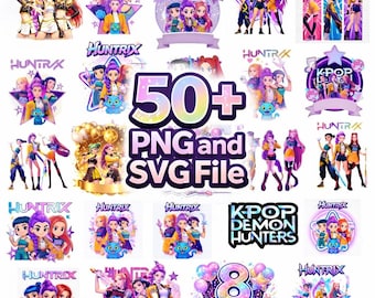 Paquete de más de 50 PNG y SVG de Huntrix K-Pop Demon Hunters: diseños de camisetas de grupos ídolos, cenas de chicas Saja Boys, descarga digital para fans de Huntrix