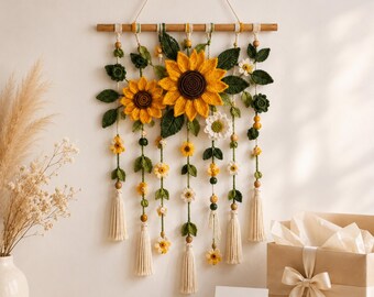 Sunflower Botancial Crochet Wall Hanging Pattern PDF, Boho Floral Tapestry Tutorial, Botanical Home Decor Digital Download