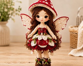 Mushroom Fairy Crochet Doll Pattern, Woodland Toadstool Amigurumi PDF with Wings and Layered Dress, Instant Download