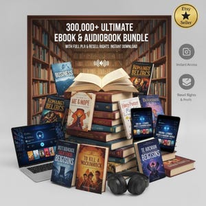 Pode incluir: Imagem promocional de um pacote de ebooks e audiolivros. A imagem apresenta uma pilha de livros, um laptop, tablets e fones de ouvido. O texto diz "300.000+ Ultimate Ebook & Audiobook Bundle" com "Download instantâneo" e "Direitos de revenda".