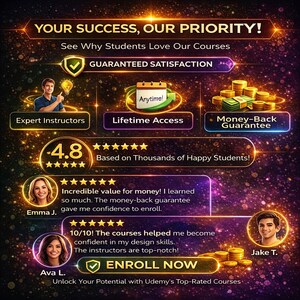 May include: A promotional graphic with a dark background and gold accents. Text reads "YOUR SUCCESS, OUR PRIORITY!" and highlights features like "Guaranteed Satisfaction" and "Lifetime Access." Includes student testimonials and a 4.8-star rating.