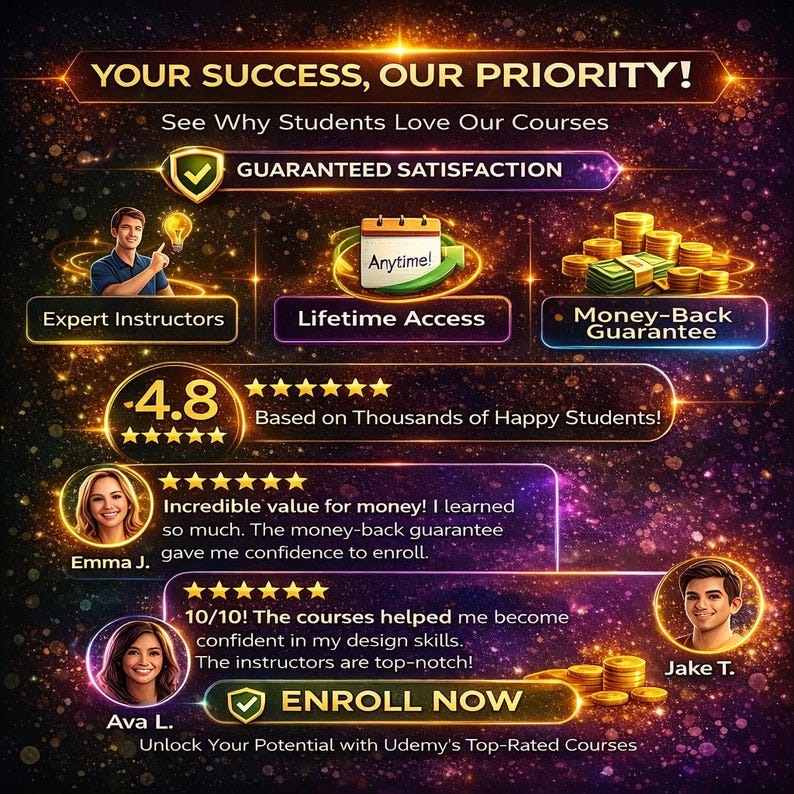 May include: A promotional graphic with a dark background and gold accents. Text reads "YOUR SUCCESS, OUR PRIORITY!" and highlights features like "Guaranteed Satisfaction" and "Lifetime Access." Includes student testimonials and a 4.8-star rating.
