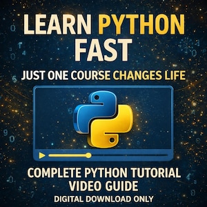 Puede incluir: Gr&aacute;fico digital que promociona un tutorial de Python. El texto dice "APRENDE PYTHON R&Aacute;PIDO" y "GU&Iacute;A DE V&Iacute;DEO TUTORIAL COMPLETA DE PYTHON". El logotipo de Python se muestra en una pantalla. El fondo es azul oscuro con detalles en blanco y amarillo.