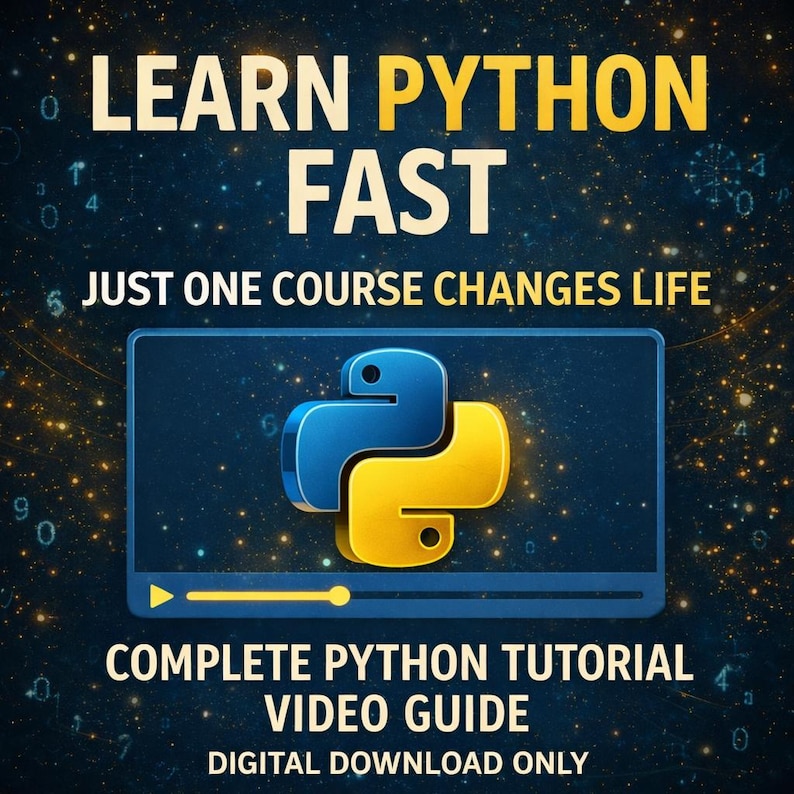 Puede incluir: Gr&aacute;fico digital que promociona un tutorial de Python. El texto dice "APRENDE PYTHON R&Aacute;PIDO" y "GU&Iacute;A DE V&Iacute;DEO TUTORIAL COMPLETA DE PYTHON". El logotipo de Python se muestra en una pantalla. El fondo es azul oscuro con detalles en blanco y amarillo.