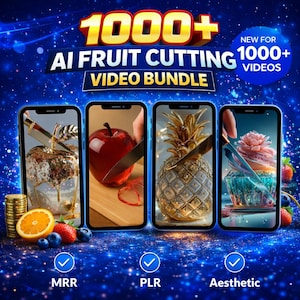 Puede incluir: Imagen promocional para un paquete de videos de corte de frutas con IA. La imagen presenta cuatro teléfonos inteligentes que muestran frutas cortadas con cuchillos. El texto "1000+ AI Fruit Cutting Video Bundle" se muestra en la parte superior. También incluye el texto "New for 1000+ Videos."