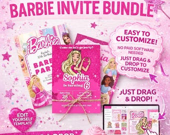 Invitación de cumpleaños de muñeca de moda rosa / Plantilla editable de Canva / Personalizable, invitación para fiesta de niñas / Descarga instantánea