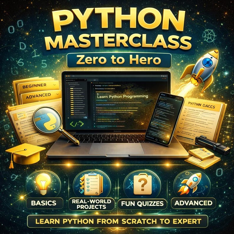Puede incluir: Imagen promocional para una Masterclass de Python, con un port&aacute;til y un smartphone que muestran c&oacute;digo. La imagen incluye el texto "Zero to Hero" y "Learn Python Programming". Tambi&eacute;n hay iconos para conceptos b&aacute;sicos, proyectos, cuestionarios y temas avanzados.