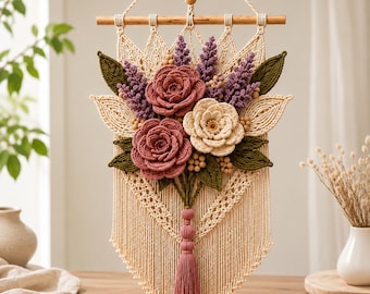 Floral Macrame Wall Hanging Pattern PDF, Rose Bouquet Fiber Art Tutorial, Boho Wall Decor