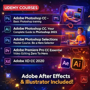 May include: Graphic promoting Udemy courses on Adobe software, including Photoshop, Premiere Pro, and After Effects. The image features course titles, software logos, and illustrations of people using computers. The text "Adobe After Effects & Illustrator Included!" is also visible.