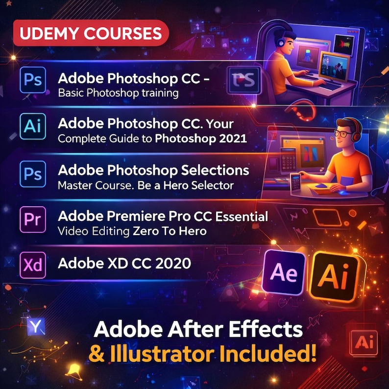 May include: Graphic promoting Udemy courses on Adobe software, including Photoshop, Premiere Pro, and After Effects. The image features course titles, software logos, and illustrations of people using computers. The text "Adobe After Effects & Illustrator Included!" is also visible.
