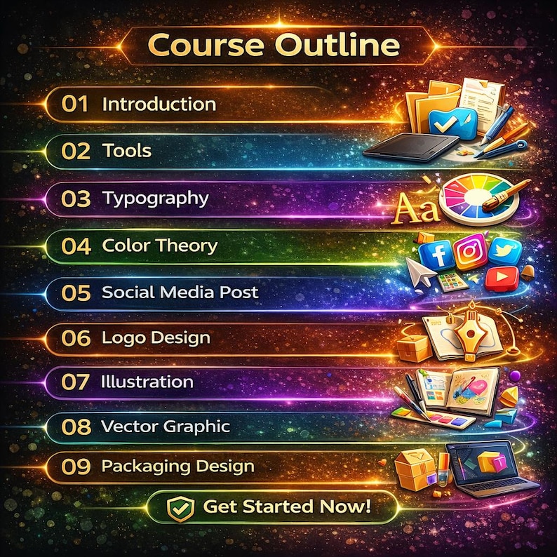 May include: A digital graphic with the text "Course Outline" at the top. The outline includes topics like Introduction, Tools, Typography, Color Theory, Social Media Post, Logo Design, Illustration, Vector Graphic, and Packaging Design. The graphic has a call to action: "Get Started Now!"