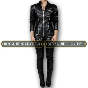 Black Sheepskin Leather Catsuit: Zip-Up Biker Jumpsuit