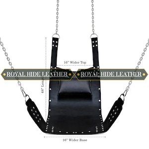 May include: Black leather swing with a 16-inch wide base and top, and a 48-inch length. The swing is suspended by chains and features a built-in pillow. The text "ROYAL HIDE LEATHER" is displayed.