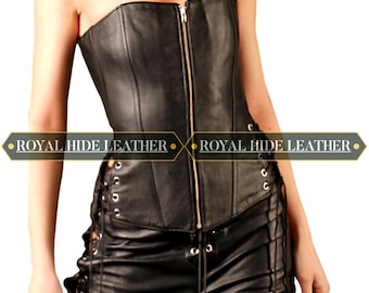 Top corsetto in pelle di pecora nera: cerniera frontale, bustino gotico con lacci