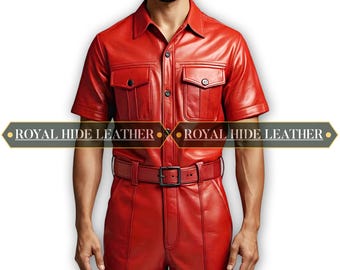 Men's Red Sheepskin Leather Jumpsuit: Belted Utility Outfit
