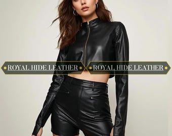 Modern Black Leather Outfit for Women – Sheepskin Cropped Jacket & Shorts Set