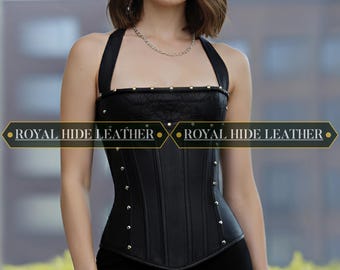 Top corsé de piel de oveja para mujer con detalles de tachuelas / Faja negra ajustada para la cintura / Bustier de piel con cuello halter