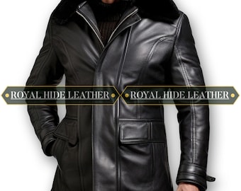 May include: A black leather jacket with a fur collar. The jacket has a zipper closure, two front pockets, and the text "ROYAL HIDE LEATHER" in gold lettering. The jacket is a classic style.