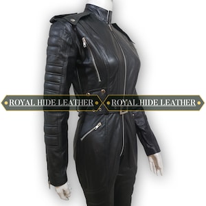 Premium Sheepskin Leather Women’s Jumpsuit – Belted Slim Fit, Shoulder Epaulets, Quilted Sleeves, Pockets | Mature