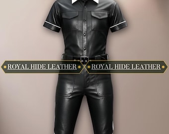 Black Sheepskin Leather Jumpsuit with Belt Short Sleeves Modern Fit Unisex Style