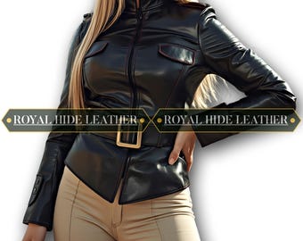May include: A black leather jacket with a high collar, zip closure, and a belted waist. The jacket has two chest pockets and is worn with tan pants. The text "ROYAL HIDE LEATHER" is displayed on the image.