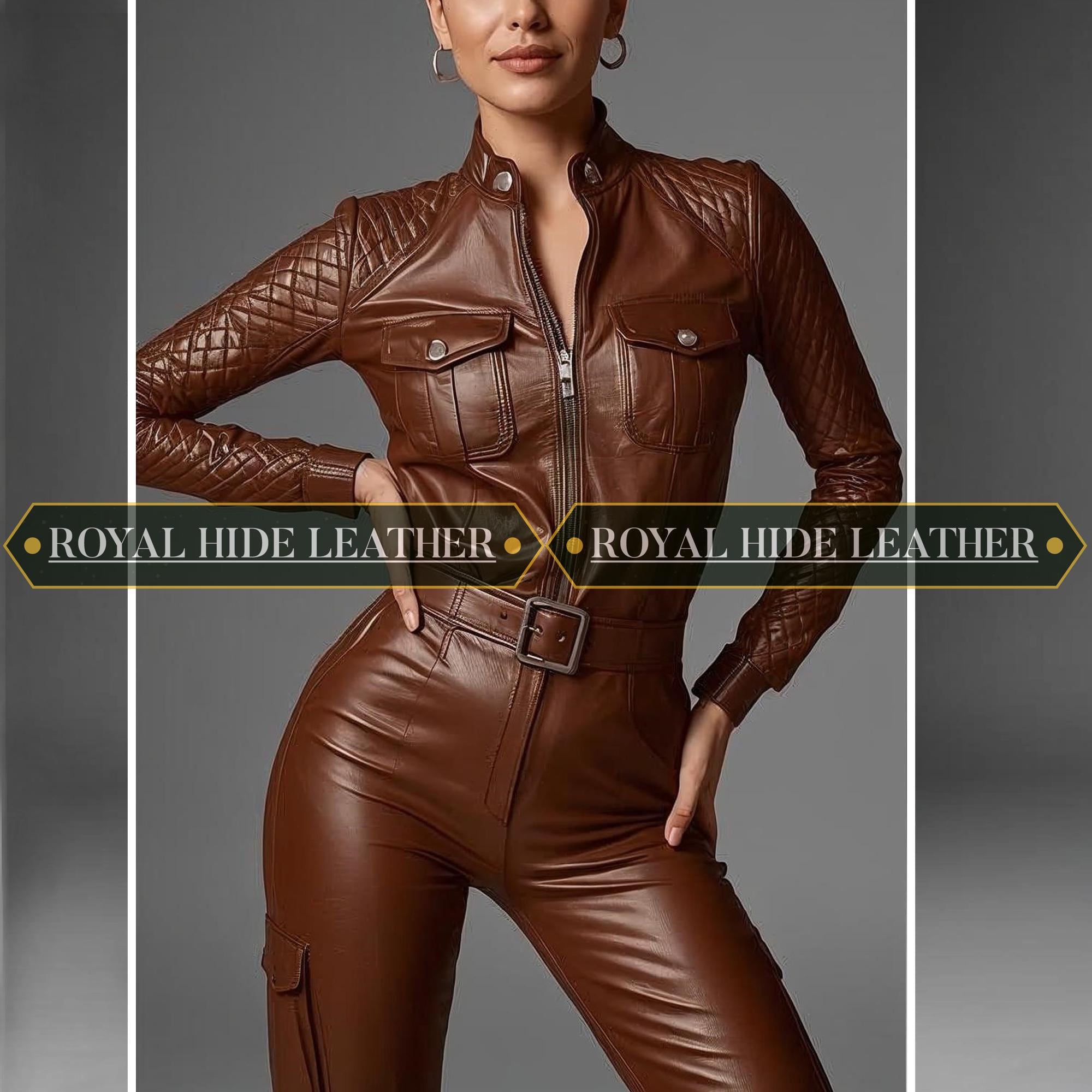 Brown Sheepskin Leather Jumpsuit Quilted Women's Fashion Suit