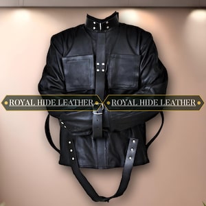 May include: Black leather jacket with a high collar, two front pockets, and a belt. The jacket has straps with silver-tone hardware and the text "ROYAL HIDE LEATHER".