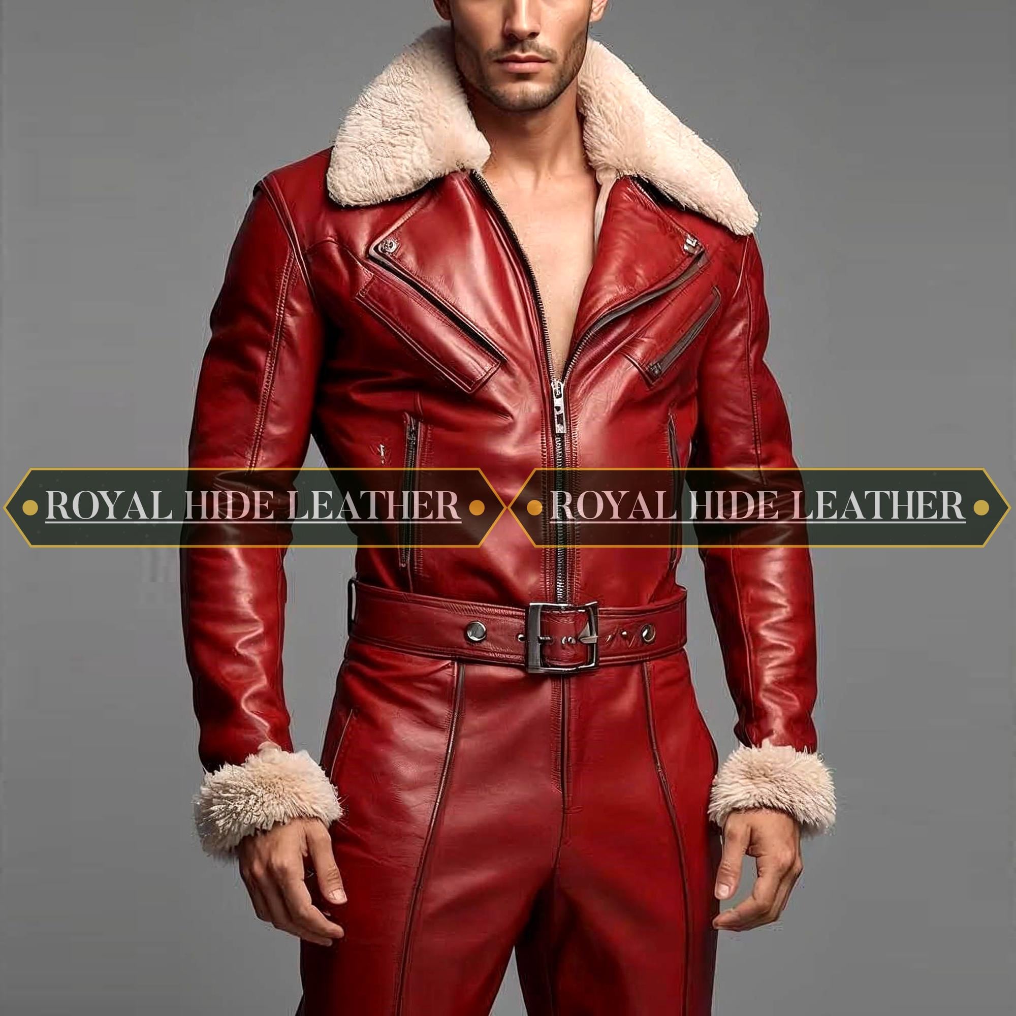 Men's Sheepskin Leather One Piece - Red Jumpsuit with Faux Fur Collar & Cuff Detail