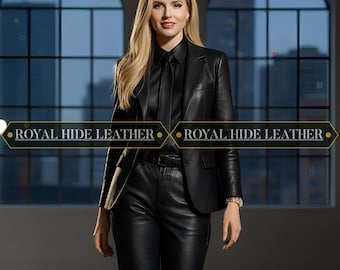 Elegant black sheepskin leather Blazer, Pants, Shirt & Tie Set women’s outfit
