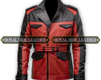 May include: A two-tone leather jacket in red and black. The jacket features a belted waist, multiple pockets, and a zipper closure. The text "ROYAL HIDE LEATHER" is printed on the image.