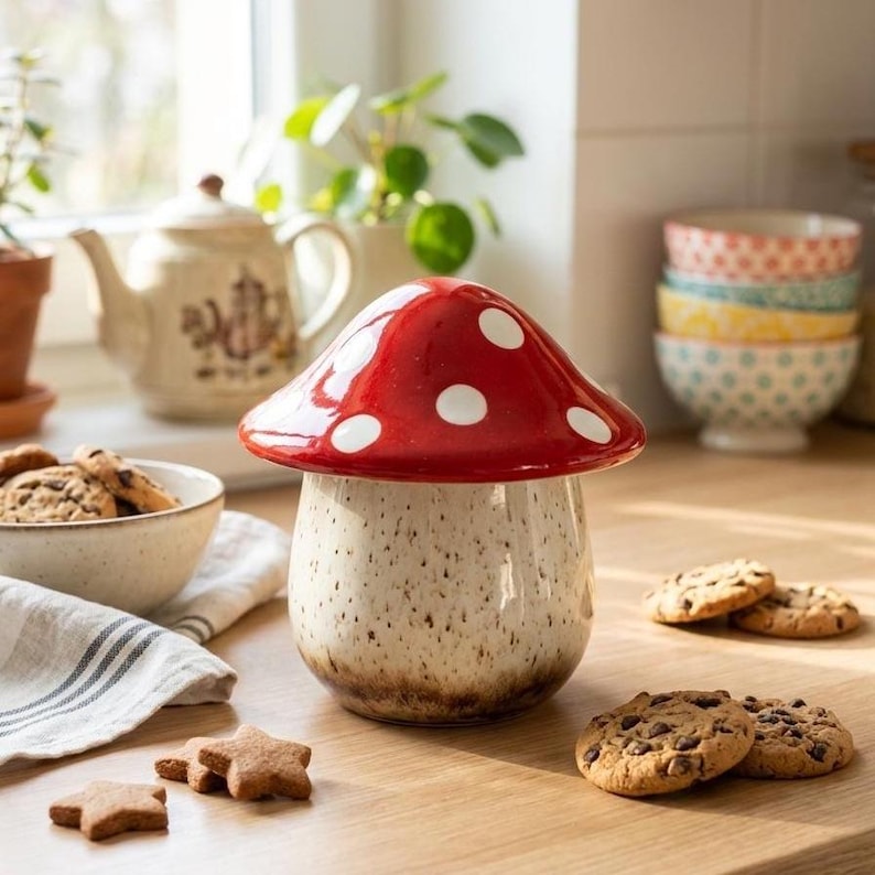May include: A ceramic mushroom-shaped cookie jar with a red top and white polka dots. The jar has a speckled beige base and sits on a wooden surface. Chocolate chip cookies and star-shaped cookies are nearby.