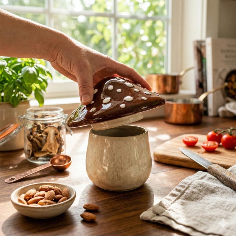 May include: A ceramic mushroom-shaped jar with a brown lid and white spots. The jar is beige and open, revealing the interior. The lid is being lifted, suggesting it is a container for kitchen storage. A small bowl of almonds and a measuring spoon are also visible.