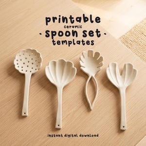 May include: Four off-white ceramic spoon templates with floral and leaf designs. The spoons are arranged on a light wood surface. Text on the image reads "printable ceramic spoon set templates" and "instant digital download".