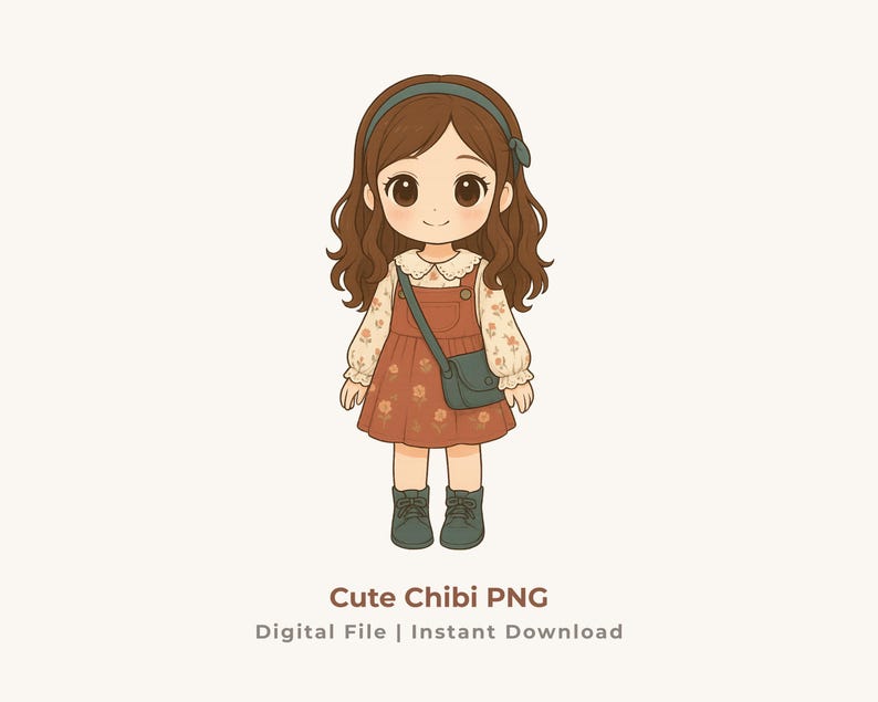 Red Dress Cream Cardigan Chibi Girl PNG | Soft Cozy Clipart | Cute ...