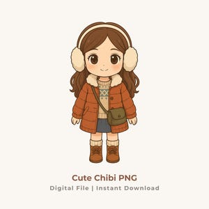 Peut inclure: Illustration d'un personnage chibi mignon portant un manteau d'hiver rouille, des cache-oreilles et des bottes. Le personnage porte également un pull, une jupe et un sac messager vert. Le texte "Cute Chibi PNG" est affiché en bas.