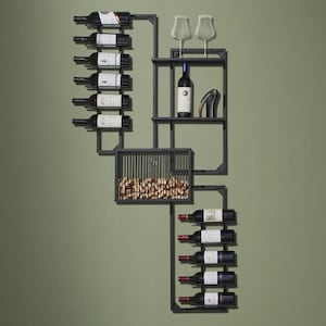 11-Bottle Gallery Wall Wine Rack with Cork Catcher - Black Iron