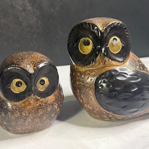 May include: Two ceramic owl figurines with a glossy finish. The smaller owl is round and brown with black facial markings. The larger owl features a brown speckled body, a dark black wing, and prominent yellow eyes with black pupils.