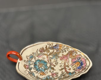 Vintage Hand-Painted Floral Trinket Dish with Red Handle – Decorative Ceramic Ring Holder