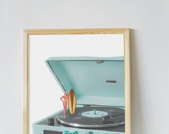 record player decor Retro Surfer Girl Record Player Print | Vintage Beach Aesthetic Wall Art | Retro Modern Digital Download