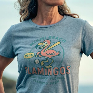 May include: A grey t-shirt with a Miami Beach Flamingos graphic featuring a pink flamingo, baseball bat, and ball. The shirt also has the text "Miami Beach, Florida" and "Flamingo Park". The person is wearing a patterned headband.