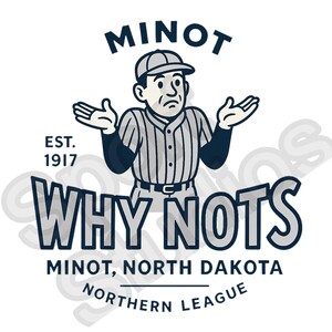 Vintage Minot Why Nots baseball logo shirt with shrugging mascot in navy and gray, Northern League North Dakota team.